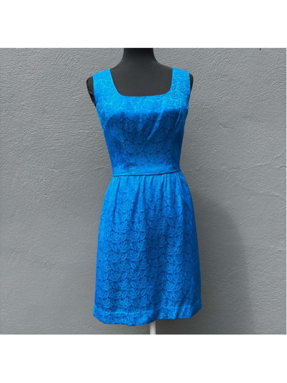 Vintage MCM 60s Blue Satin Brocade Sleeveless Pencil Party Dress S